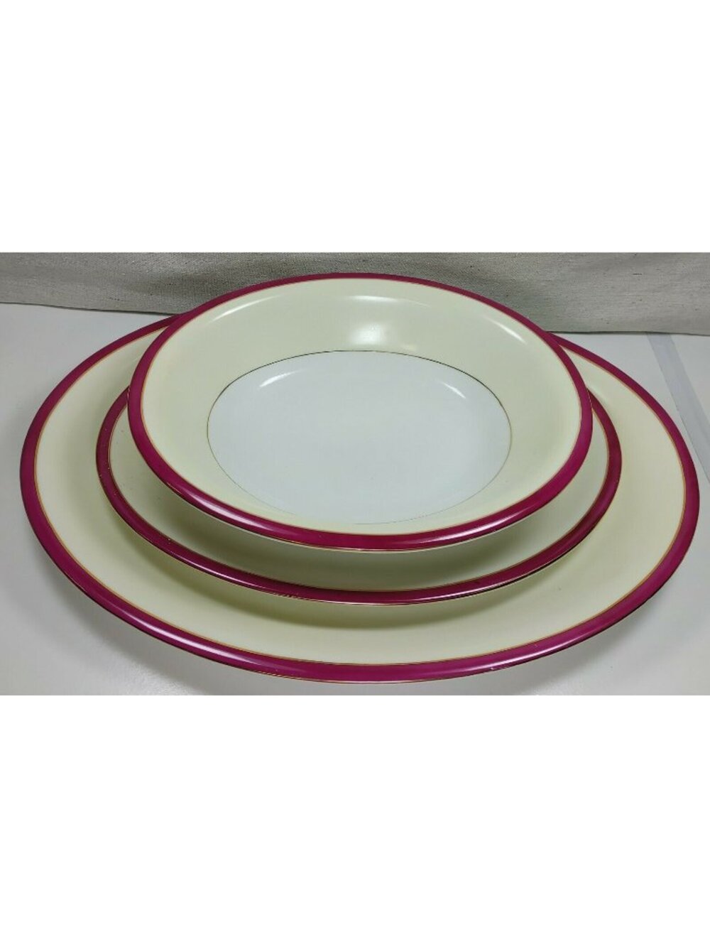 Vintage Victoria Bavaria China Dinnerware Set Burgundy & Gold Trim Plates & Bowl